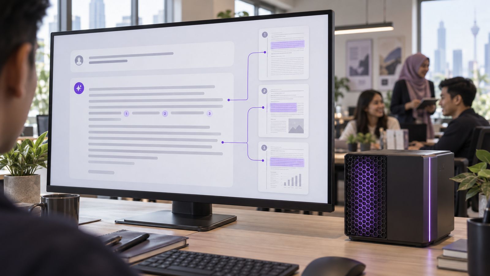 A monitor showing an AI answer with numbered citations linked to highlighted passages in three source documents, beside a compact AiServa server