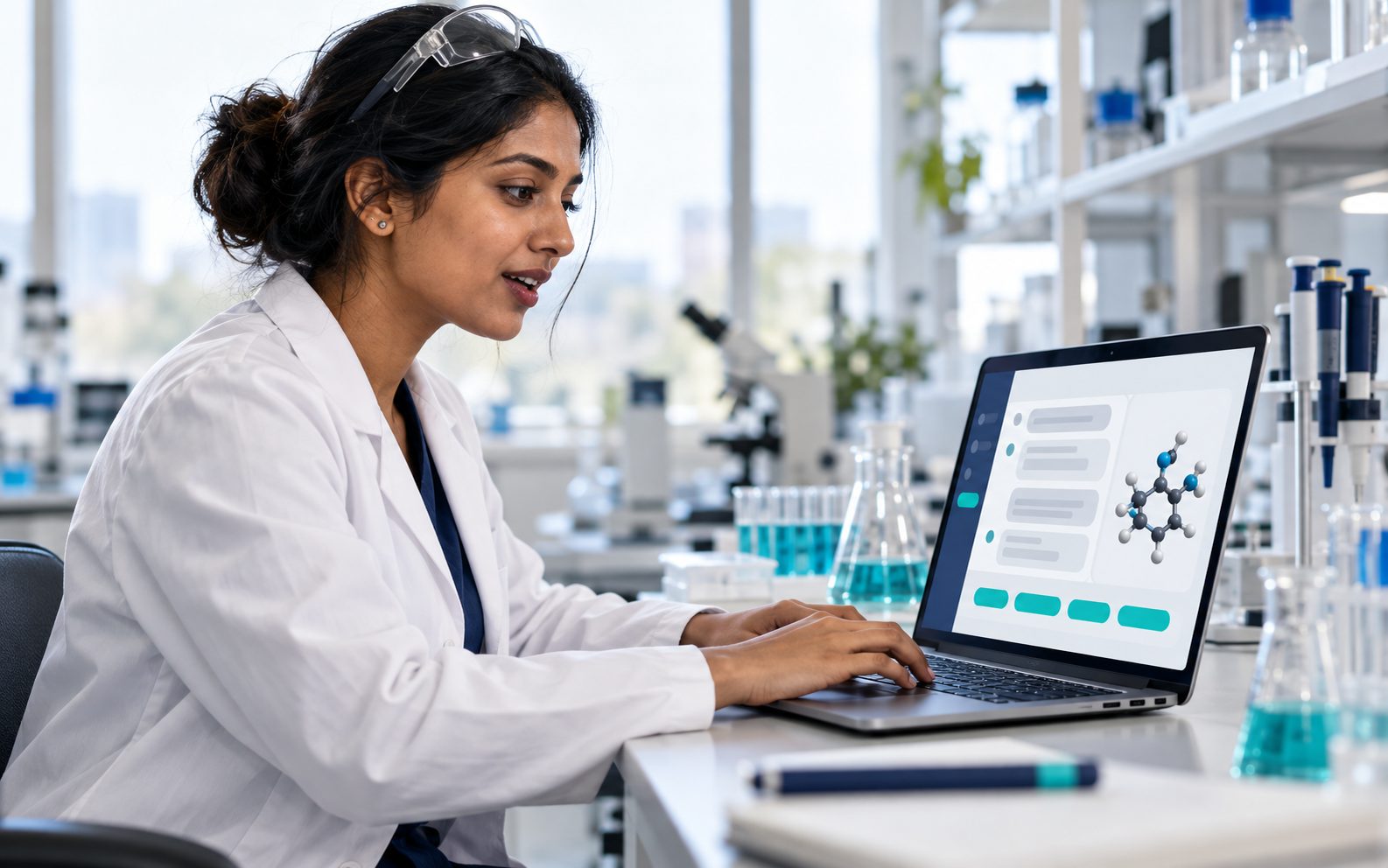 A chemist at a laptop in a bright lab asking the AI assistant a question, with a molecule and suggestion chips on screen