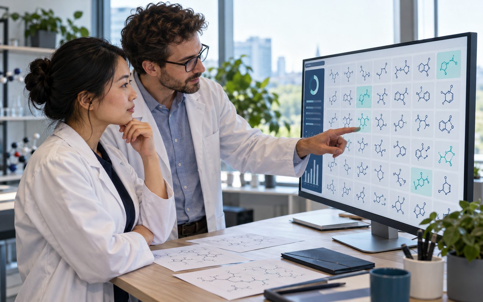 Two chemists at a standing desk reviewing a monitor with a grid of skeletal molecular structures, a few highlighted