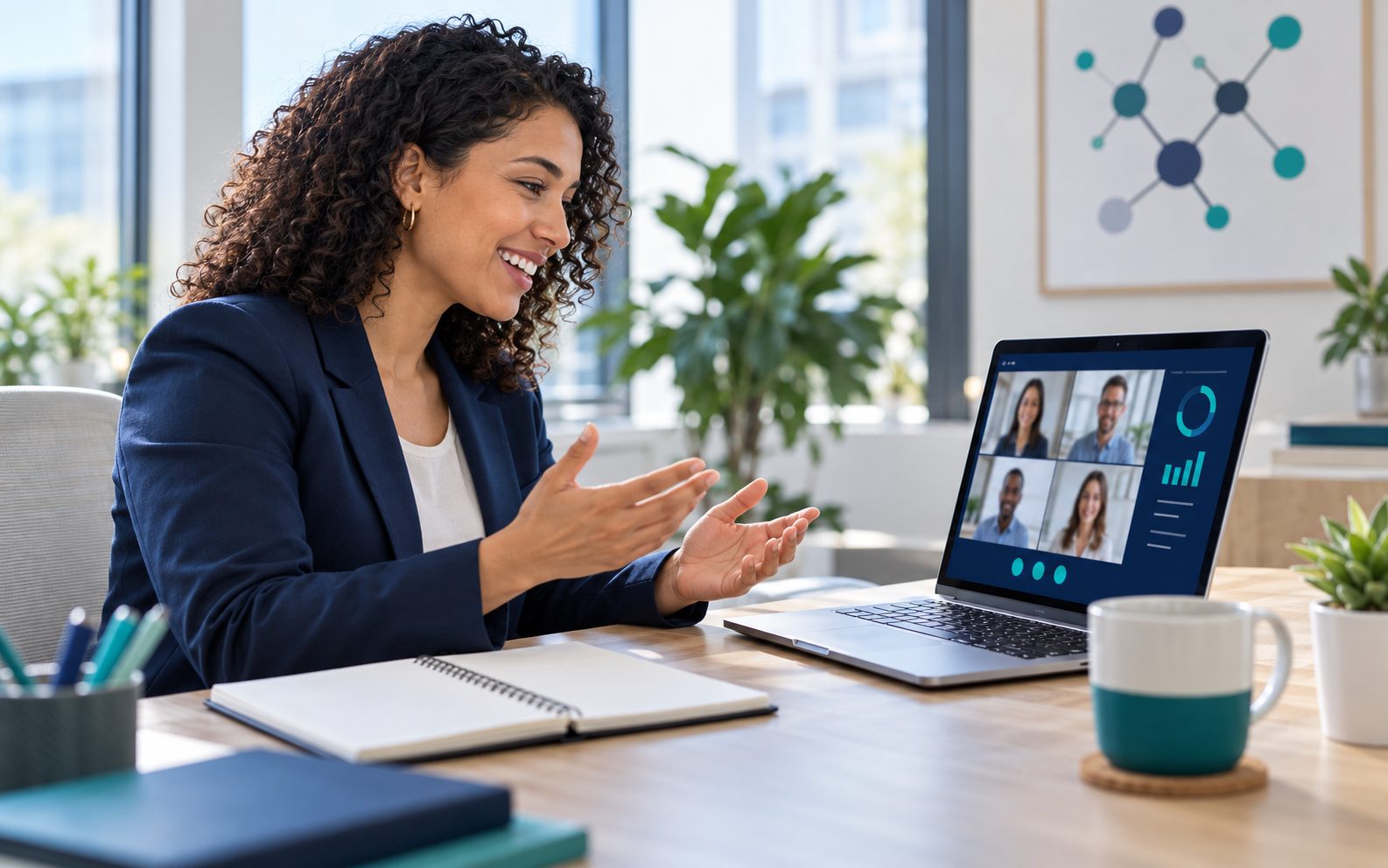 A friendly consultant on a video call on a laptop in a bright office with a molecule poster on the wall