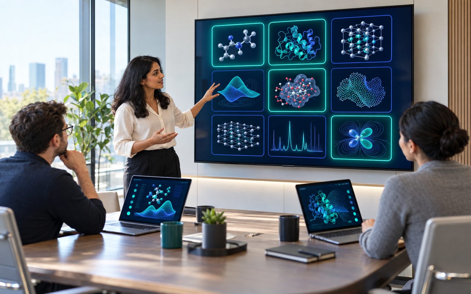 A research lead at a wall display showing a three by three map of connected domain tiles, some glowing teal
