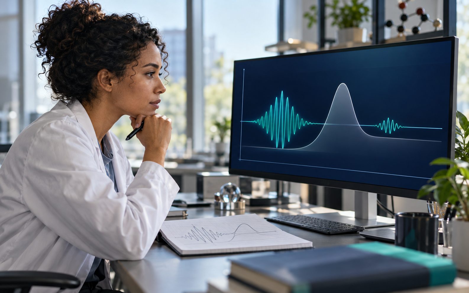 A researcher at a desk with a display showing a teal quantum wavepacket tunnelling through a potential barrier