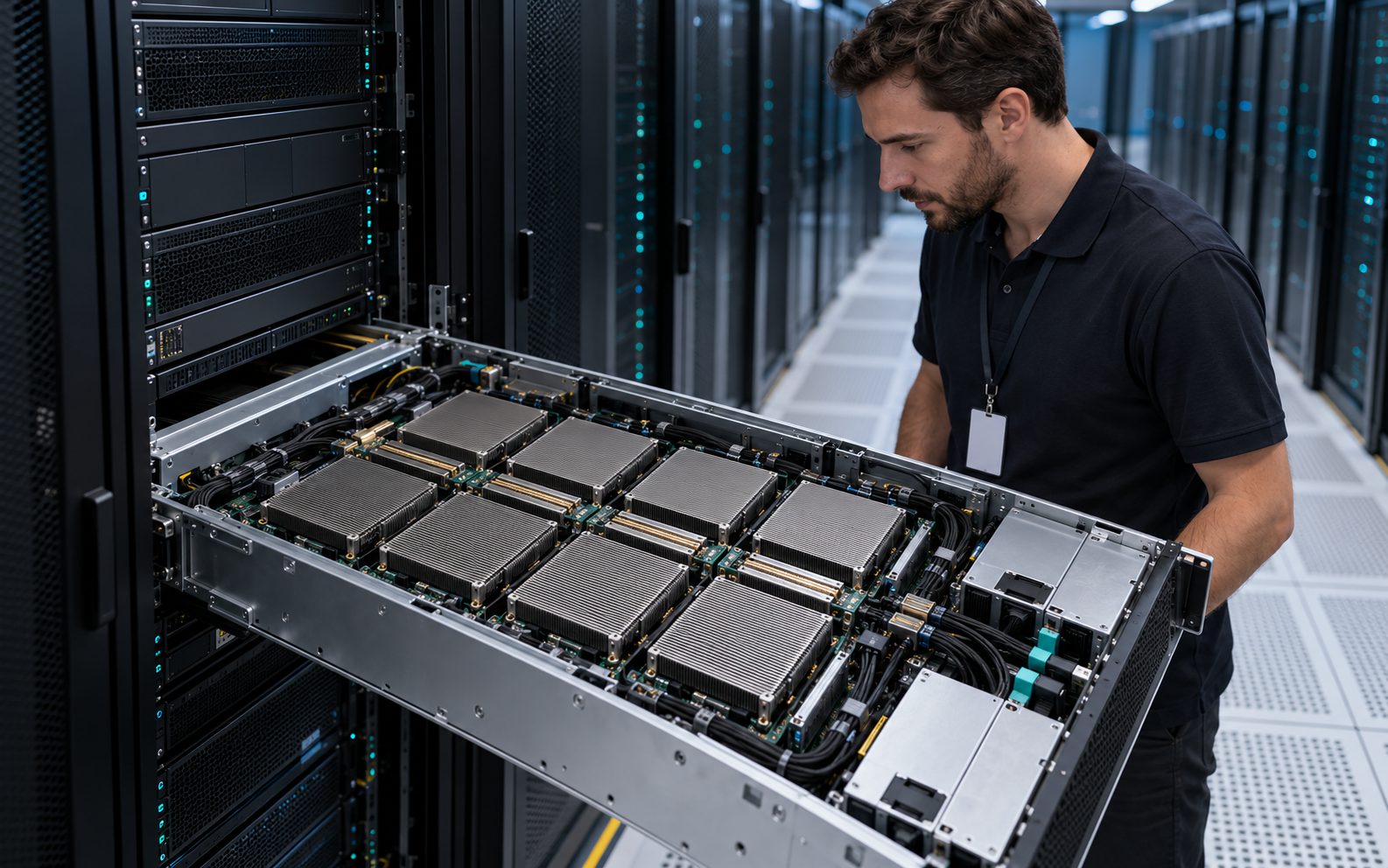 An HPC engineer inspecting an open enterprise GPU server pulled out of a data-centre rack