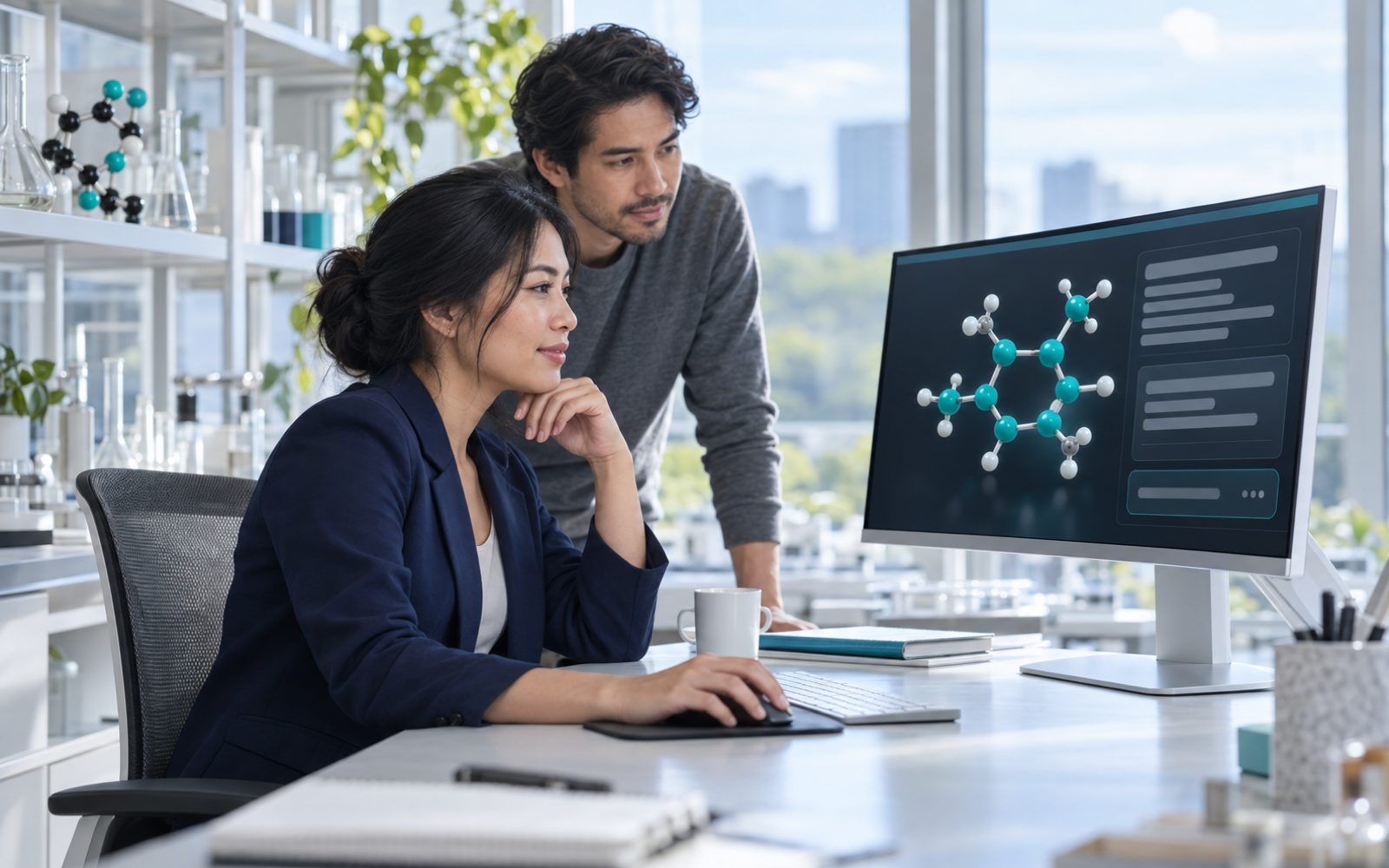 Two computational chemists reviewing a 3D molecule and an AI chat panel on a monitor in a bright research lab