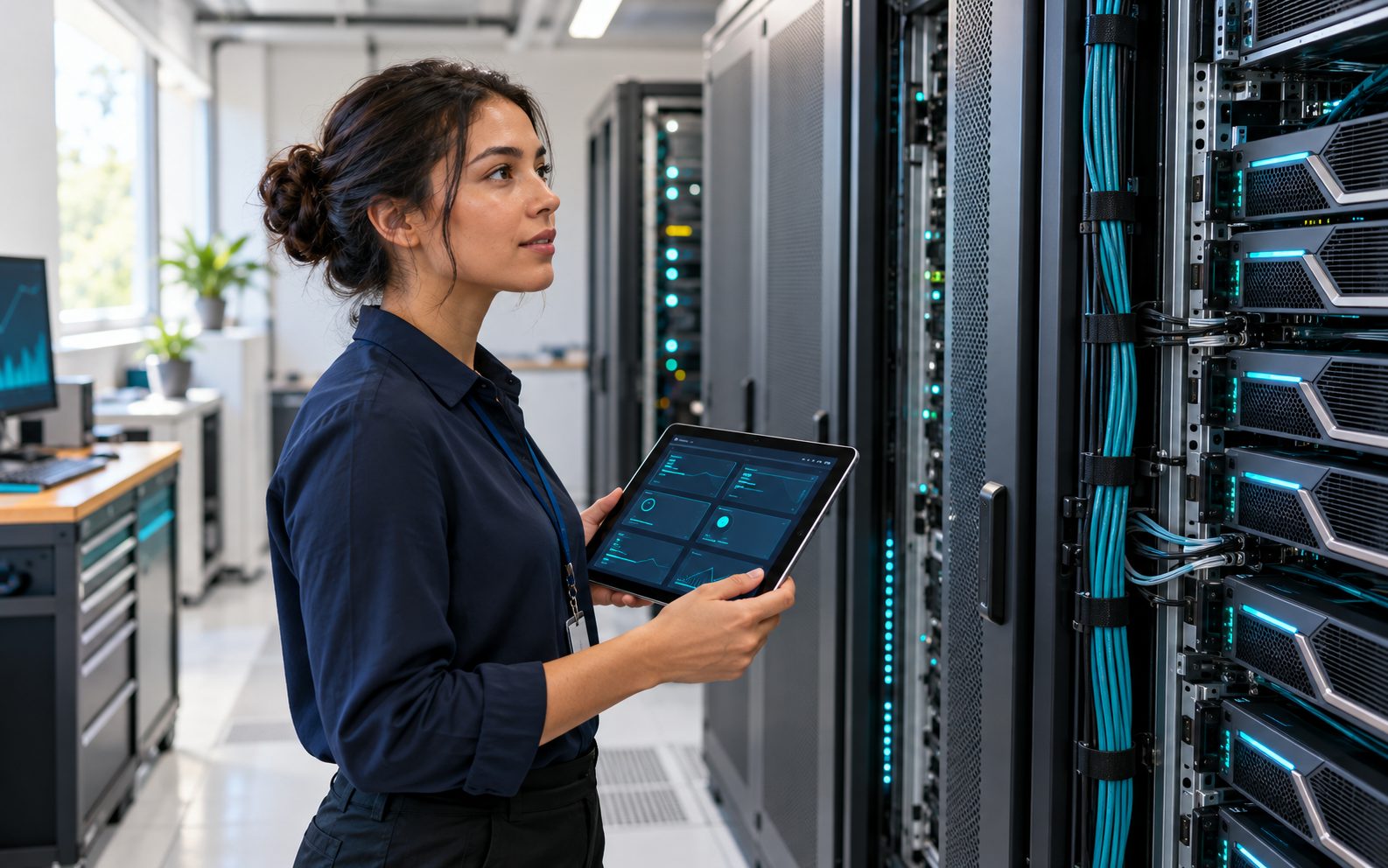 An engineer in a clean server room with racks of GPU servers holding a tablet that shows a dashboard of server tiles