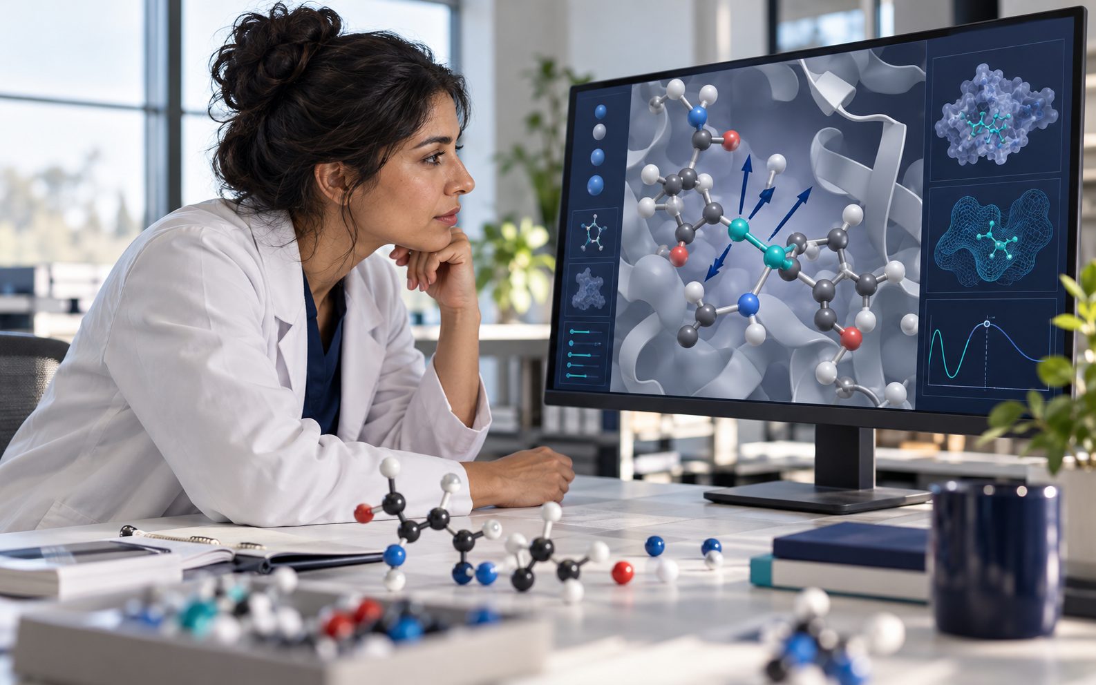 A computational chemist leaning toward a monitor showing a ball-and-stick molecule with a strained bond highlighted in teal