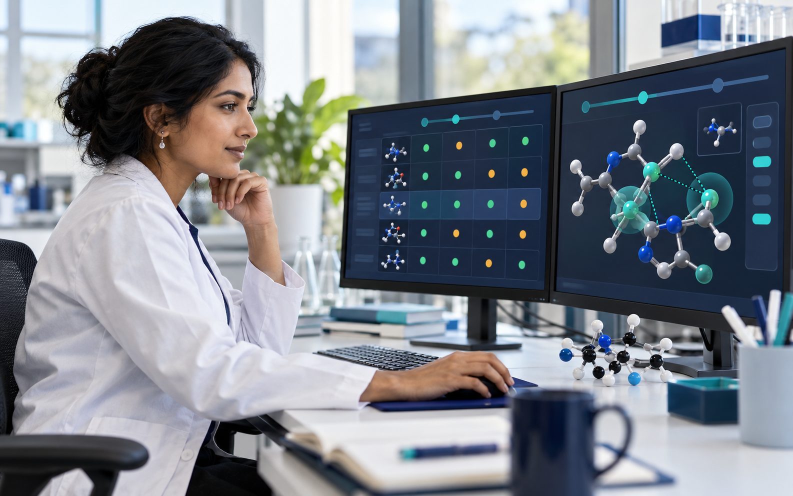 A chemist at two monitors: a table of molecules with status dots and a 3D molecule with highlighted close contacts