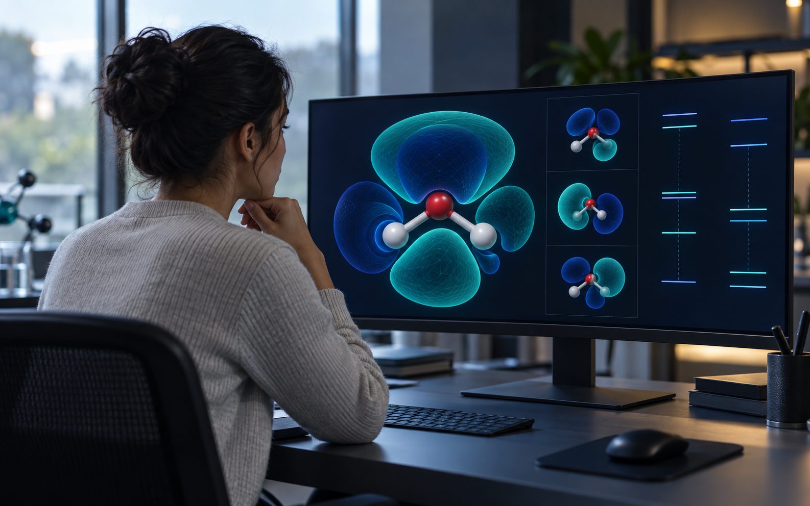 A researcher in a dim analysis room looking at molecular orbital lobes on a wide monitor beside an orbital energy diagram