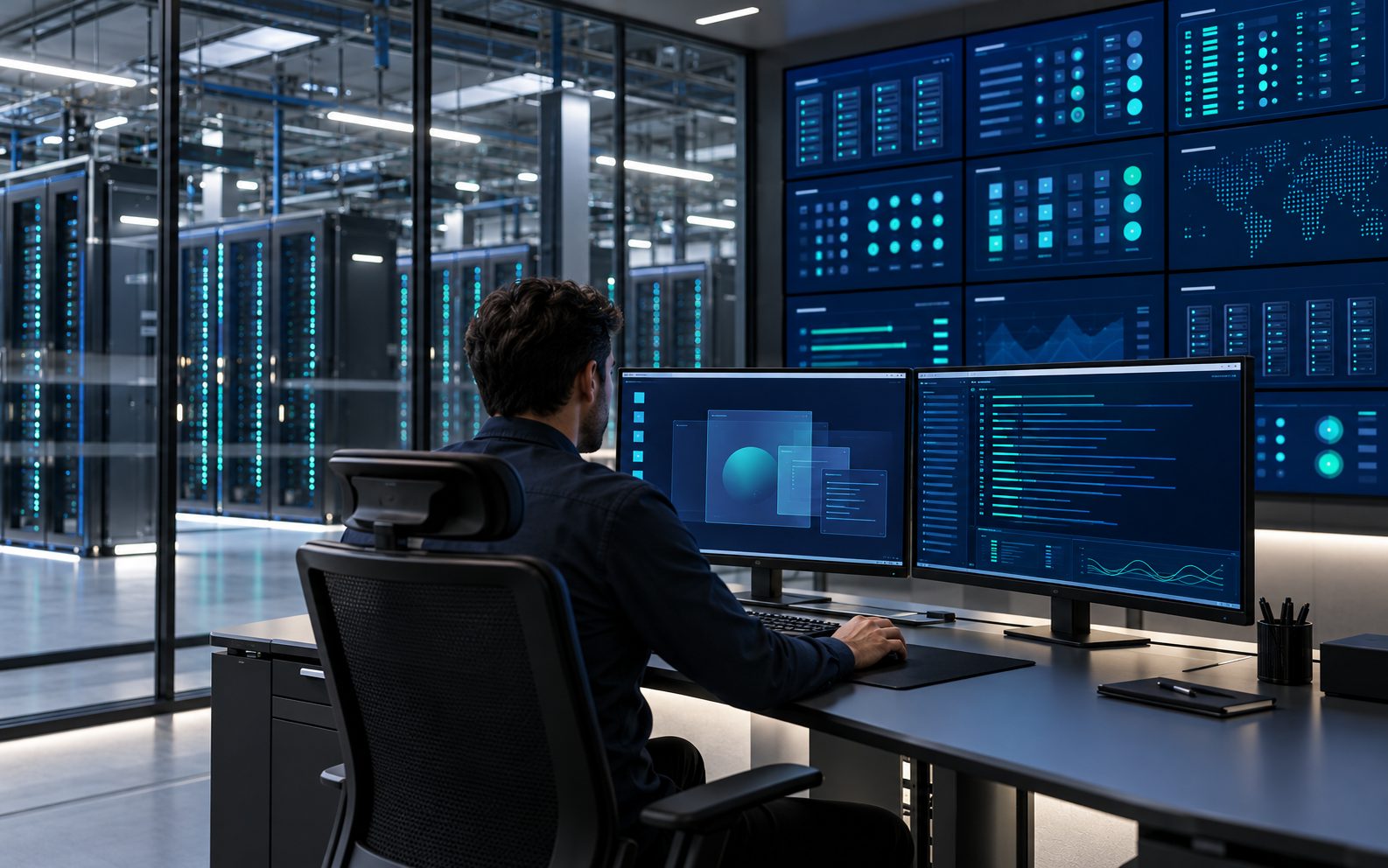 An engineer in an HPC operations room viewing a remote server desktop, with a server cluster status wall