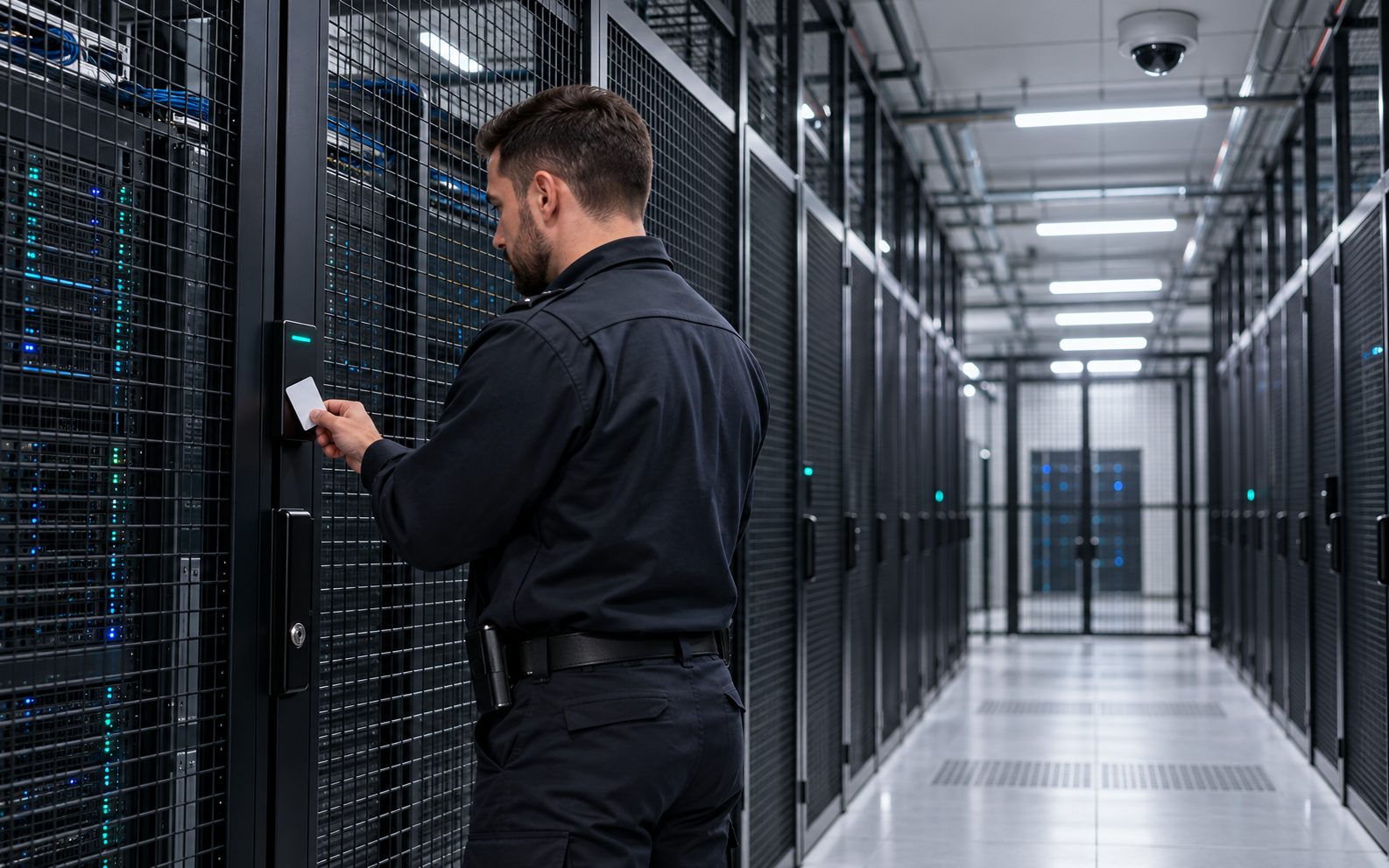 A security officer opening a locked data-centre server cage with a badge reader