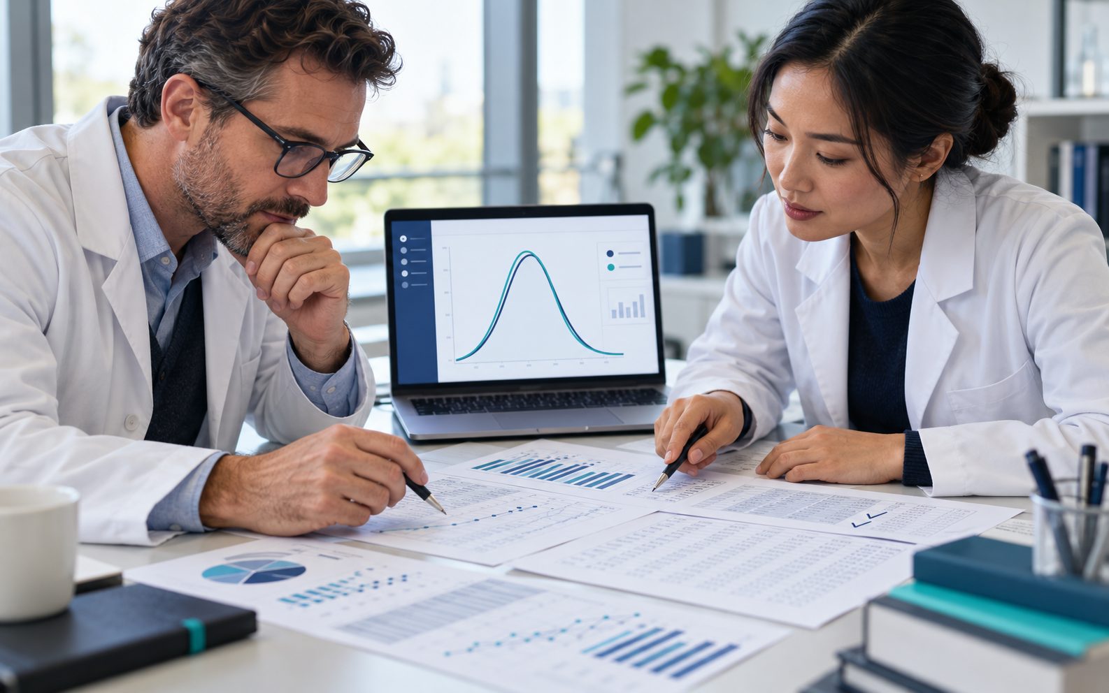 Two scientists at a meeting table comparing printed result charts and a laptop showing two nearly identical curves